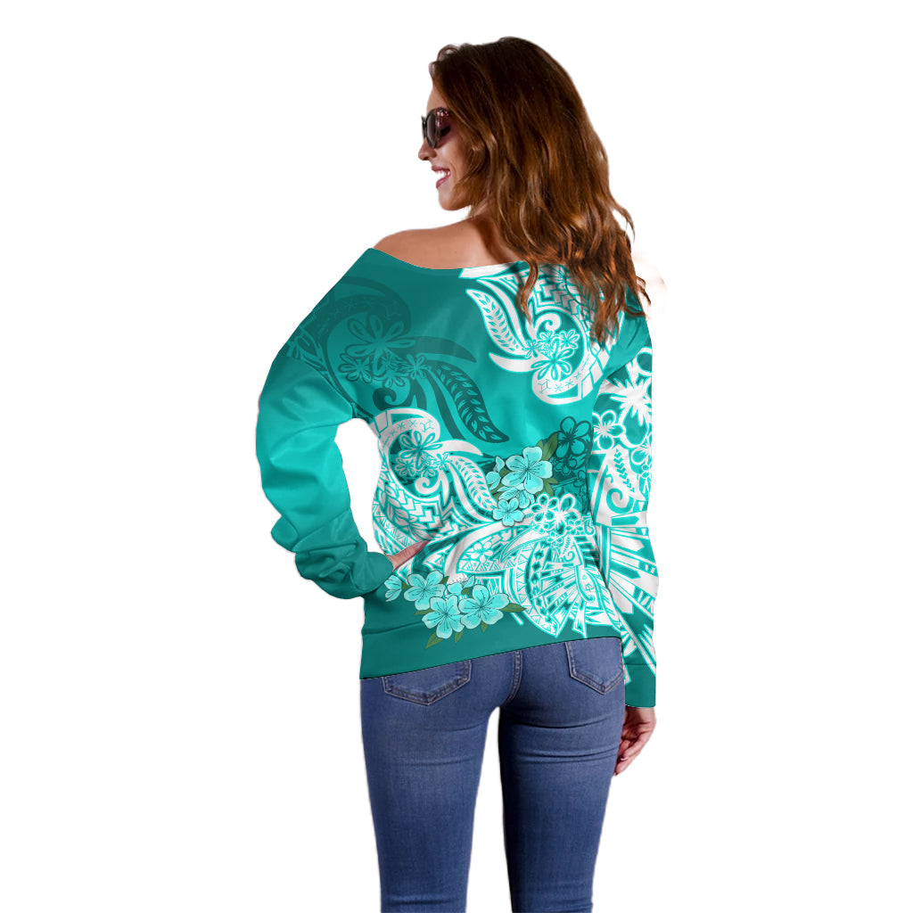 Polynesian Off Shoulder Sweater Pacific Flower Mix Floral Tribal Tattoo Turquoise Vibe - Wonder Print Shop