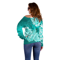 Polynesian Off Shoulder Sweater Pacific Flower Mix Floral Tribal Tattoo Turquoise Vibe - Wonder Print Shop