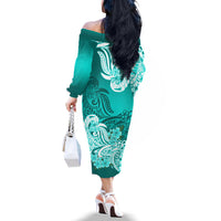 Women’s turquoise off-shoulder long-sleeve midi dress, allover tribal floral print