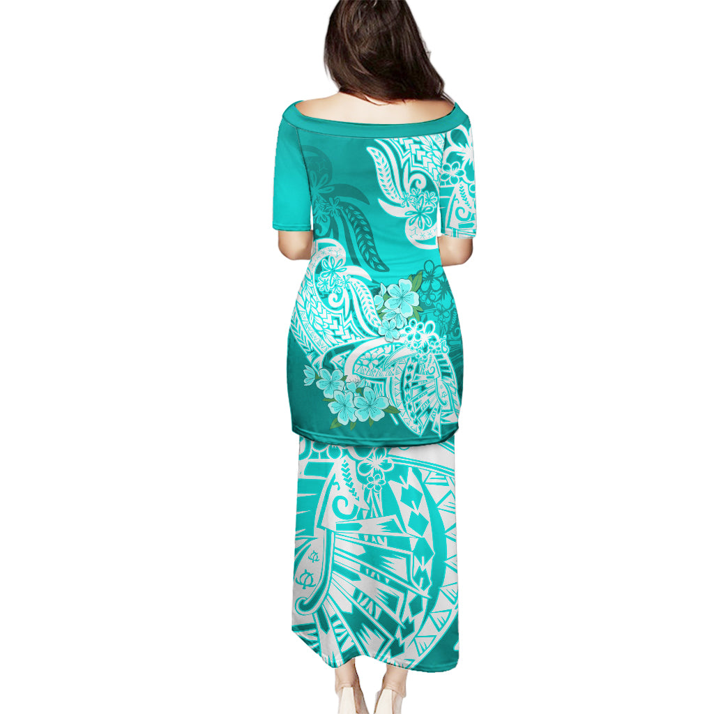 Polynesian Puletasi Pacific Flower Mix Floral Tribal Tattoo Turquoise Vibe - Wonder Print Shop