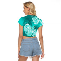 Polynesian Raglan Cropped T Shirt Pacific Flower Mix Floral Tribal Tattoo Turquoise Vibe - Wonder Print Shop