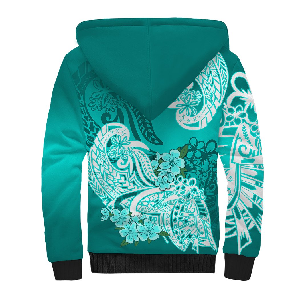 Polynesian Sherpa Hoodie Pacific Flower Mix Floral Tribal Tattoo Turquoise Vibe - Wonder Print Shop