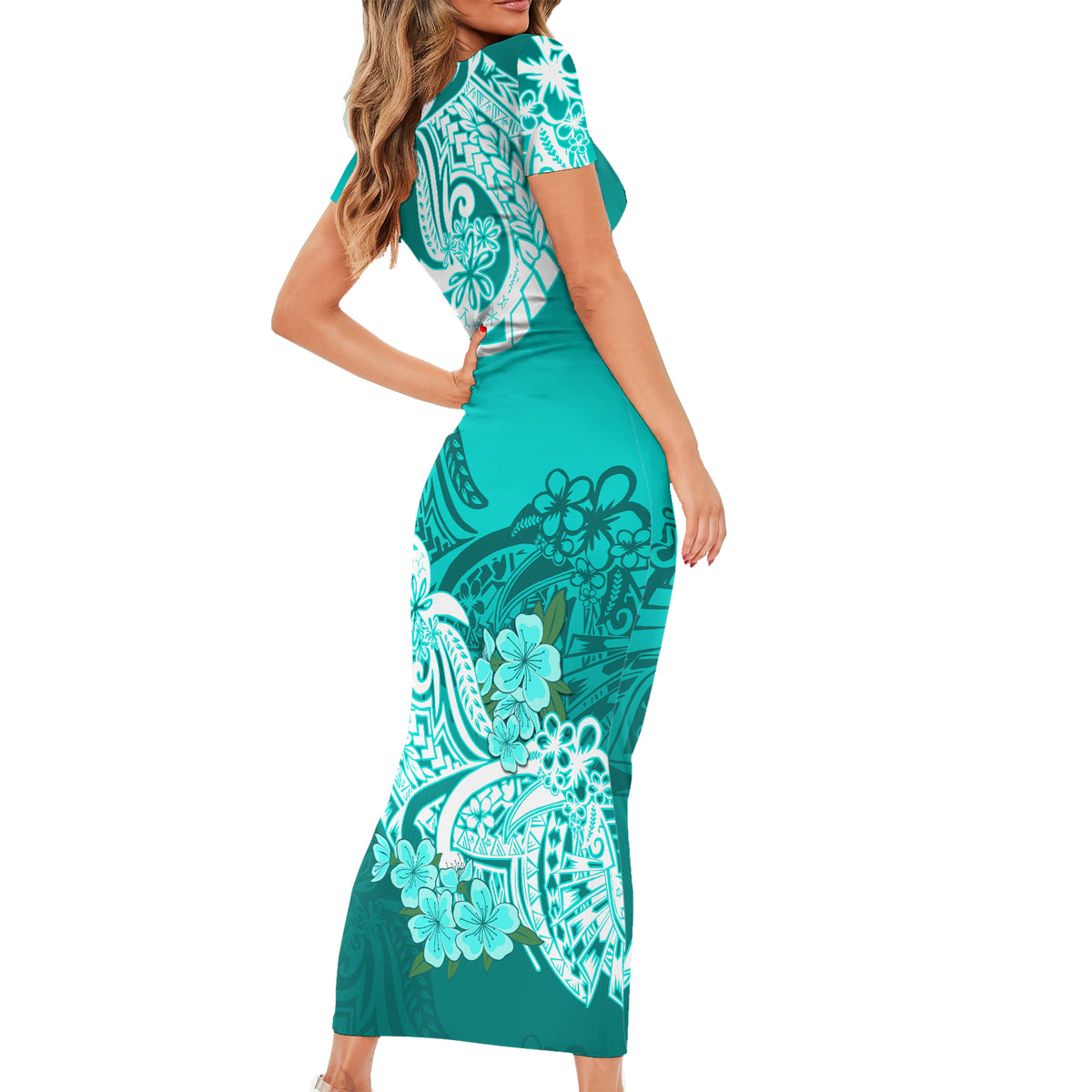 Turquoise short-sleeve fitted midi dress with floral tribal tattoo print, side view