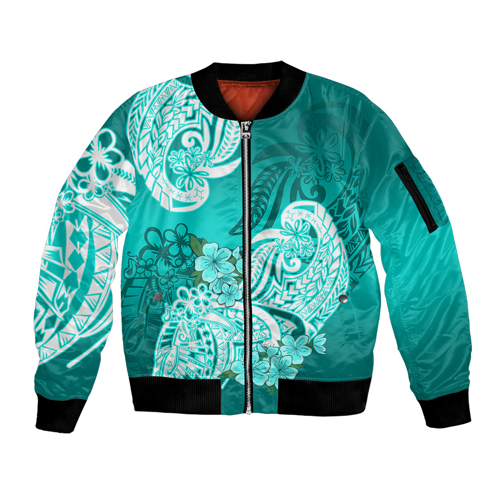 Polynesian Sleeve Zip Bomber Jacket Pacific Flower Mix Floral Tribal Tattoo Turquoise Vibe - Wonder Print Shop
