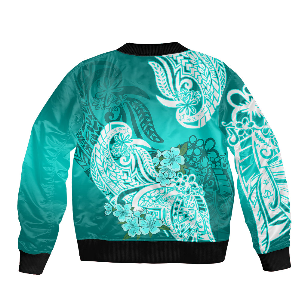 Polynesian Sleeve Zip Bomber Jacket Pacific Flower Mix Floral Tribal Tattoo Turquoise Vibe - Wonder Print Shop