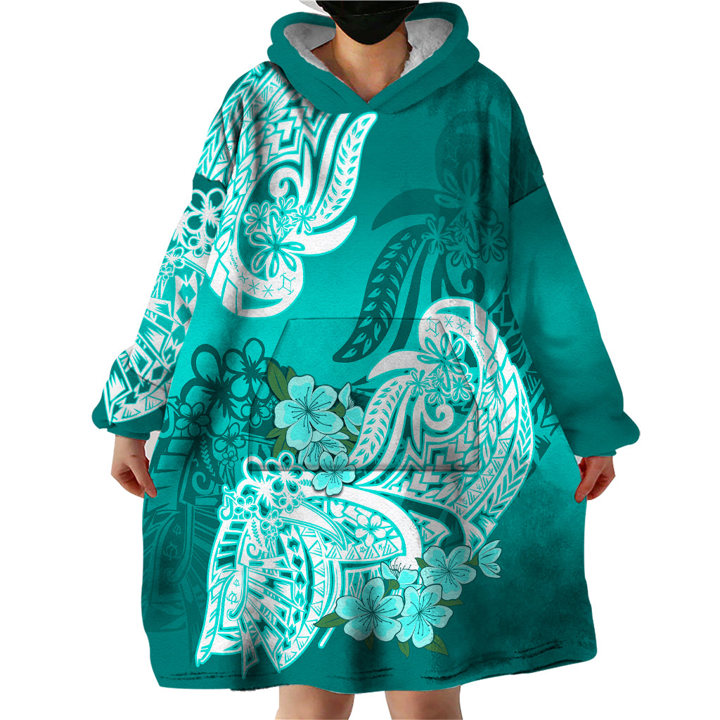 Polynesian Wearable Blanket Hoodie Pacific Flower Mix Floral Tribal Tattoo Turquoise Vibe - Wonder Print Shop