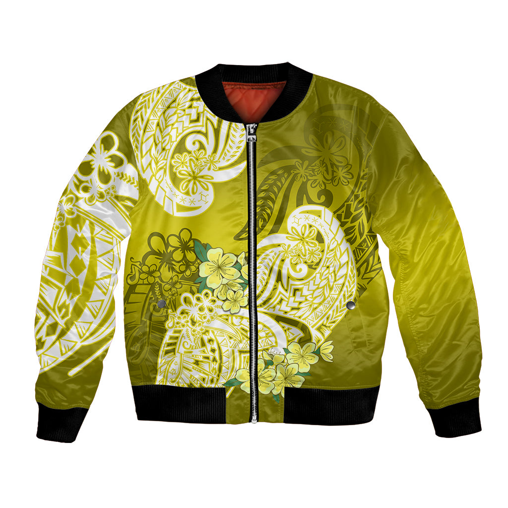 Polynesian Bomber Jacket Pacific Flower Mix Floral Tribal Tattoo Yellow Vibe LT9 - Wonder Print Shop