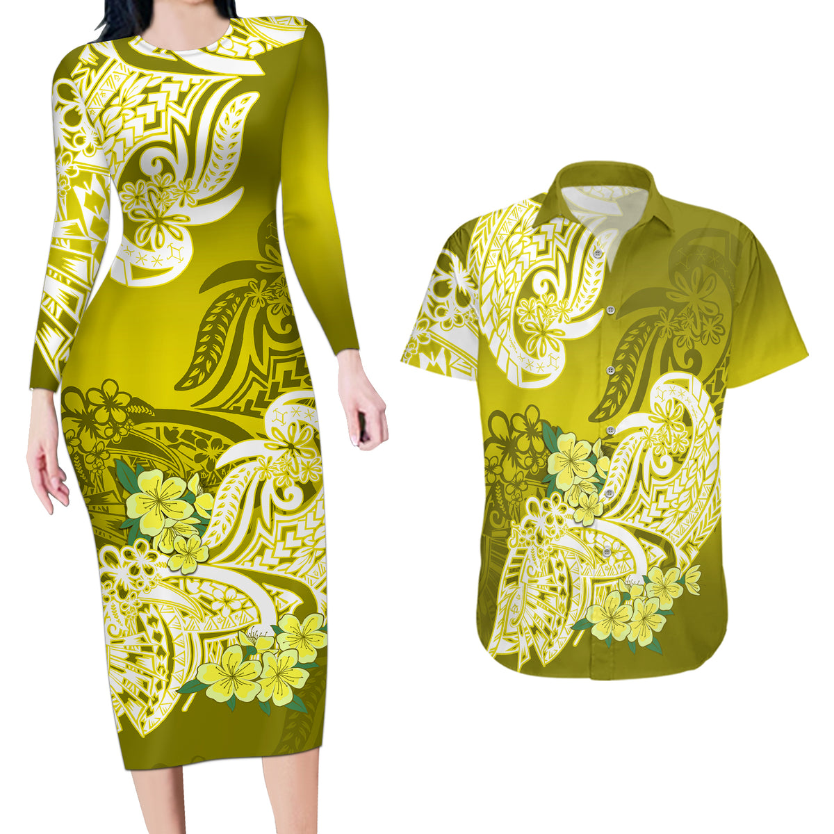 Polynesian Couples Matching Long Sleeve Bodycon Dress and Hawaiian Shirt Pacific Flower Mix Floral Tribal Tattoo Yellow Vibe LT9 - Wonder Print Shop