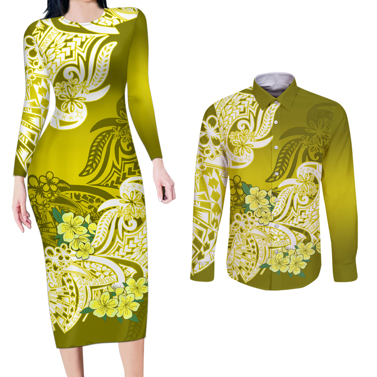 Polynesian Couples Matching Long Sleeve Bodycon Dress and Long Sleeve Button Shirts Pacific Flower Mix Floral Tribal Tattoo Yellow Vibe LT9 - Wonder Print Shop