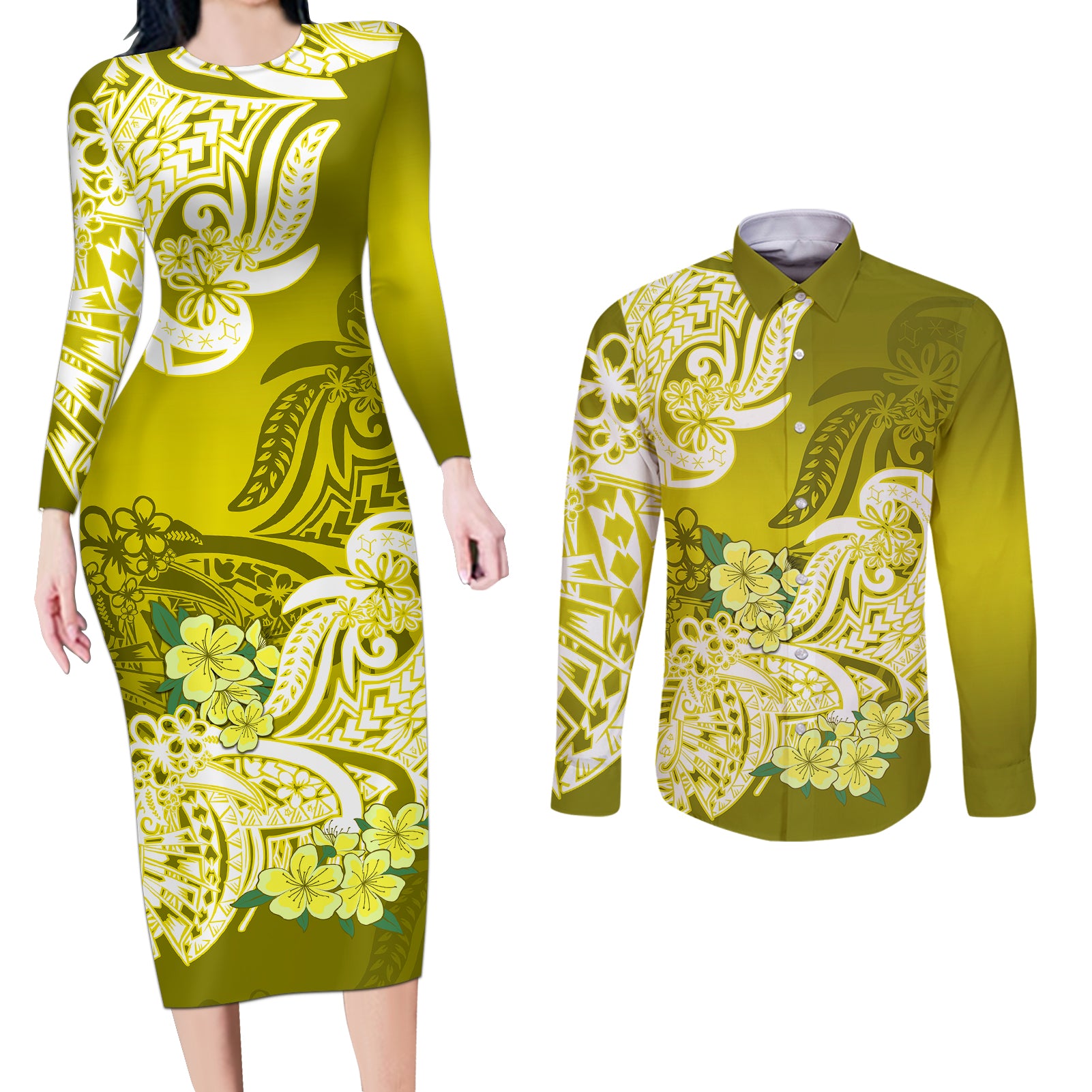 Polynesian Couples Matching Long Sleeve Bodycon Dress and Long Sleeve Button Shirts Pacific Flower Mix Floral Tribal Tattoo Yellow Vibe LT9 - Wonder Print Shop
