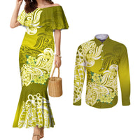 polynesian-couples-matching-mermaid-dress-and-long-sleeve-button-shirts-pacific-flower-mix-floral-tribal-tattoo-yellow-vibe