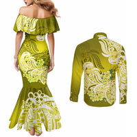 polynesian-couples-matching-mermaid-dress-and-long-sleeve-button-shirts-pacific-flower-mix-floral-tribal-tattoo-yellow-vibe