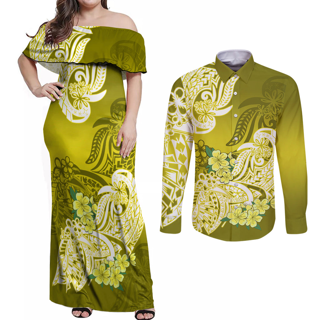 Polynesian Couples Matching Off Shoulder Maxi Dress and Long Sleeve Button Shirts Pacific Flower Mix Floral Tribal Tattoo Yellow Vibe LT9 - Wonder Print Shop