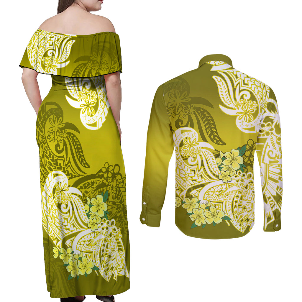 Polynesian Couples Matching Off Shoulder Maxi Dress and Long Sleeve Button Shirts Pacific Flower Mix Floral Tribal Tattoo Yellow Vibe LT9 - Wonder Print Shop