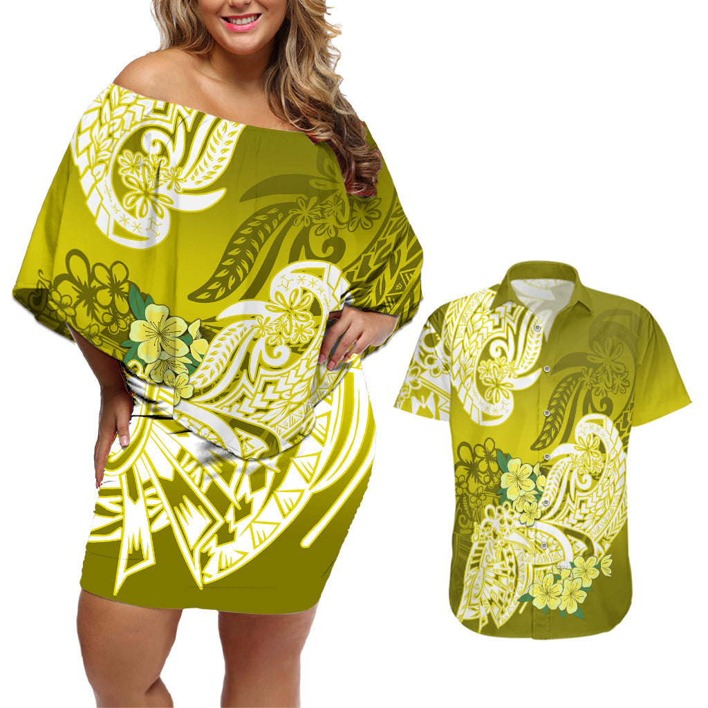 Polynesian Couples Matching Off Shoulder Short Dress and Hawaiian Shirt Pacific Flower Mix Floral Tribal Tattoo Yellow Vibe LT9 - Wonder Print Shop