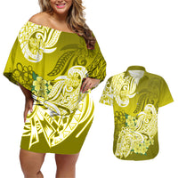Polynesian Couples Matching Off Shoulder Short Dress and Hawaiian Shirt Pacific Flower Mix Floral Tribal Tattoo Yellow Vibe LT9 - Wonder Print Shop