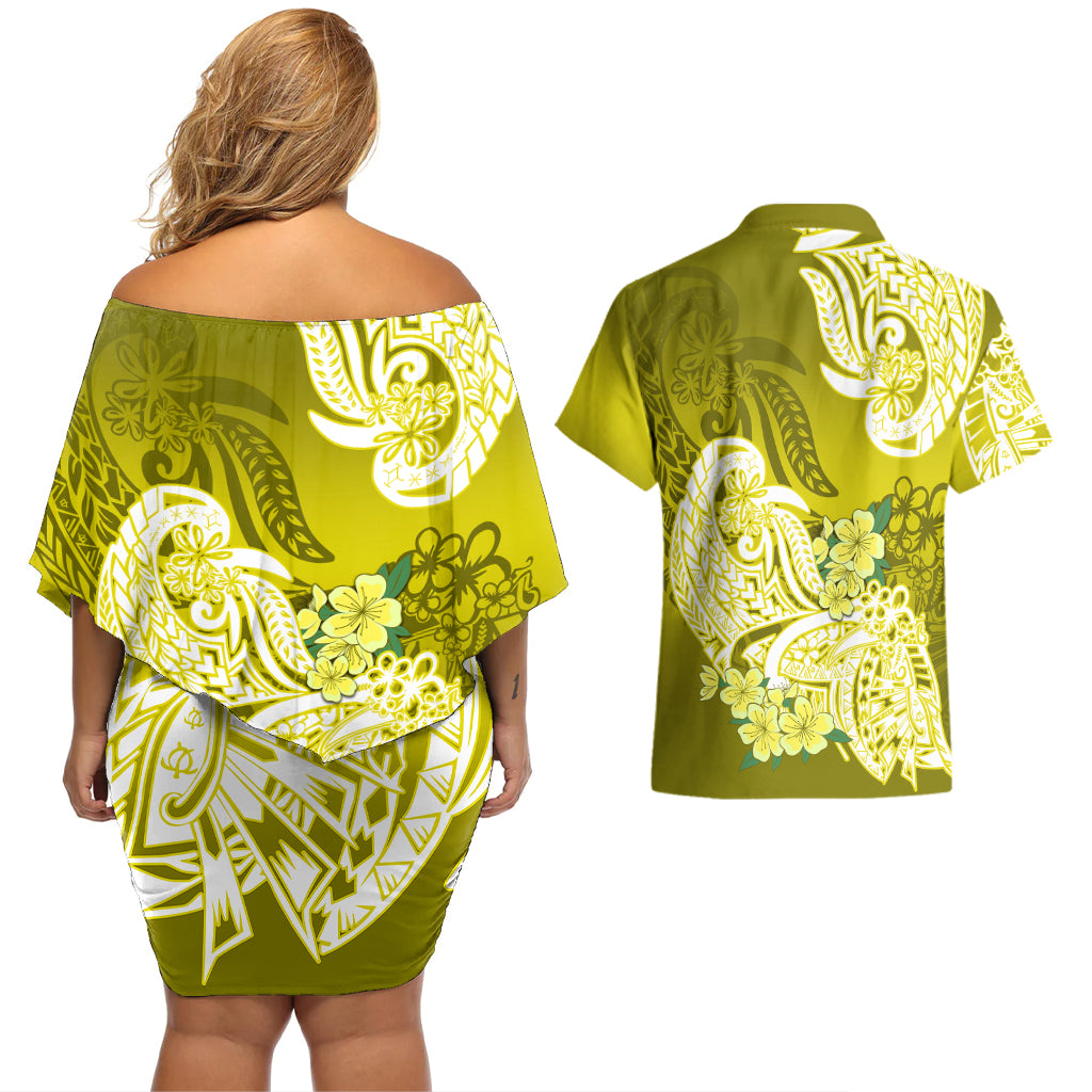 Polynesian Couples Matching Off Shoulder Short Dress and Hawaiian Shirt Pacific Flower Mix Floral Tribal Tattoo Yellow Vibe LT9 - Wonder Print Shop