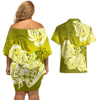 Polynesian Couples Matching Off Shoulder Short Dress and Hawaiian Shirt Pacific Flower Mix Floral Tribal Tattoo Yellow Vibe LT9 - Wonder Print Shop