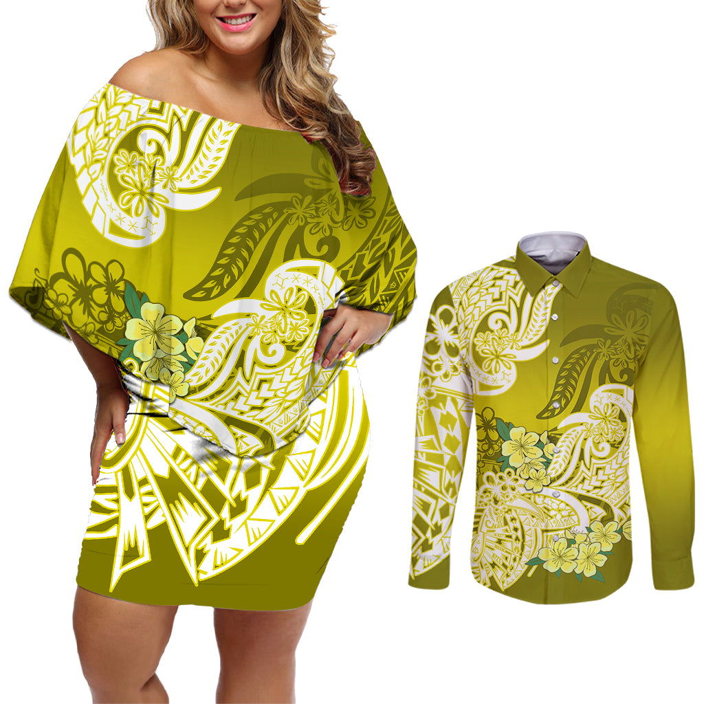 Polynesian Couples Matching Off Shoulder Short Dress and Long Sleeve Button Shirts Pacific Flower Mix Floral Tribal Tattoo Yellow Vibe LT9 - Wonder Print Shop