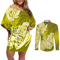 Polynesian Couples Matching Off Shoulder Short Dress and Long Sleeve Button Shirts Pacific Flower Mix Floral Tribal Tattoo Yellow Vibe LT9 - Wonder Print Shop