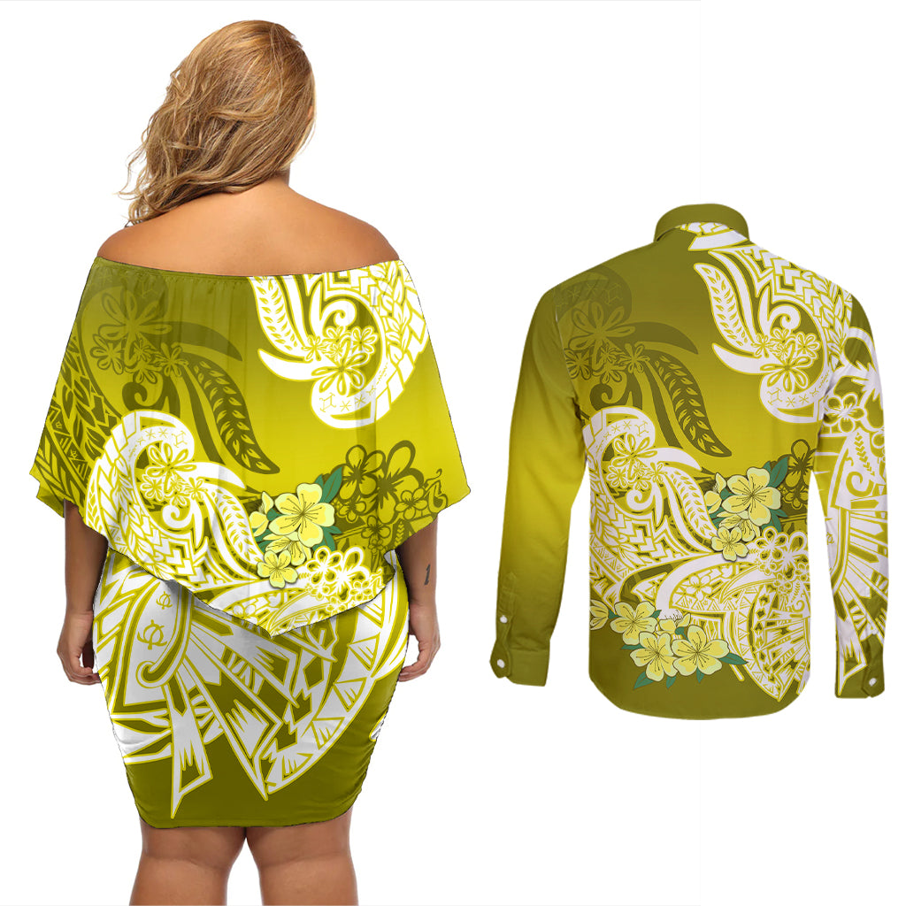 Polynesian Couples Matching Off Shoulder Short Dress and Long Sleeve Button Shirts Pacific Flower Mix Floral Tribal Tattoo Yellow Vibe LT9 - Wonder Print Shop