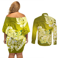 Polynesian Couples Matching Off Shoulder Short Dress and Long Sleeve Button Shirts Pacific Flower Mix Floral Tribal Tattoo Yellow Vibe LT9 - Wonder Print Shop