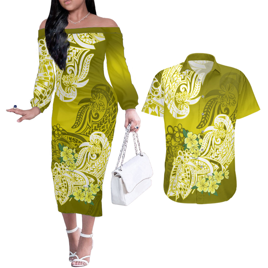 Polynesian Couples Matching Off The Shoulder Long Sleeve Dress and Hawaiian Shirt Pacific Flower Mix Floral Tribal Tattoo Yellow Vibe LT9 - Wonder Print Shop