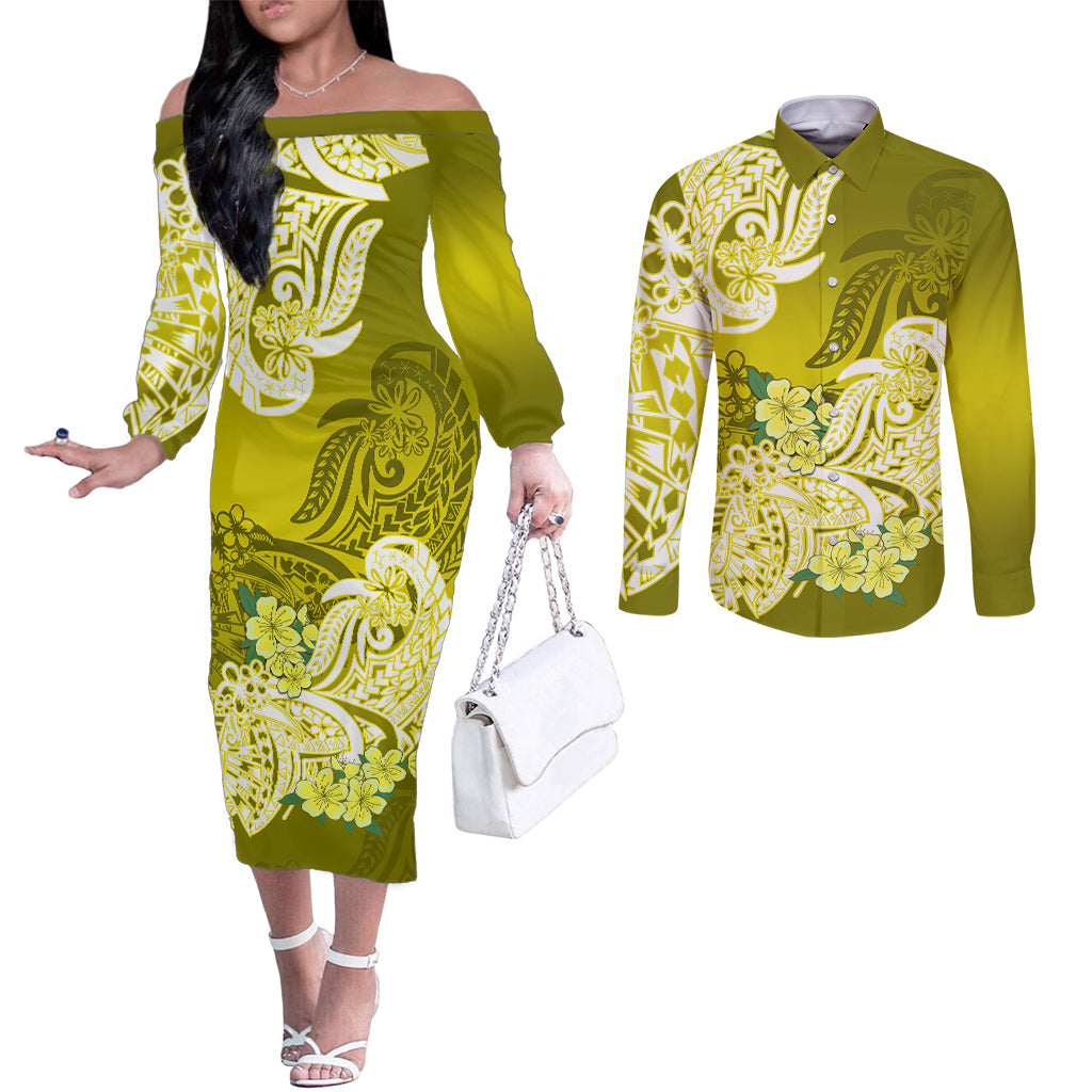 polynesian-couples-matching-off-the-shoulder-long-sleeve-dress-and-long-sleeve-button-shirts-pacific-flower-mix-floral-tribal-tattoo-yellow-vibe