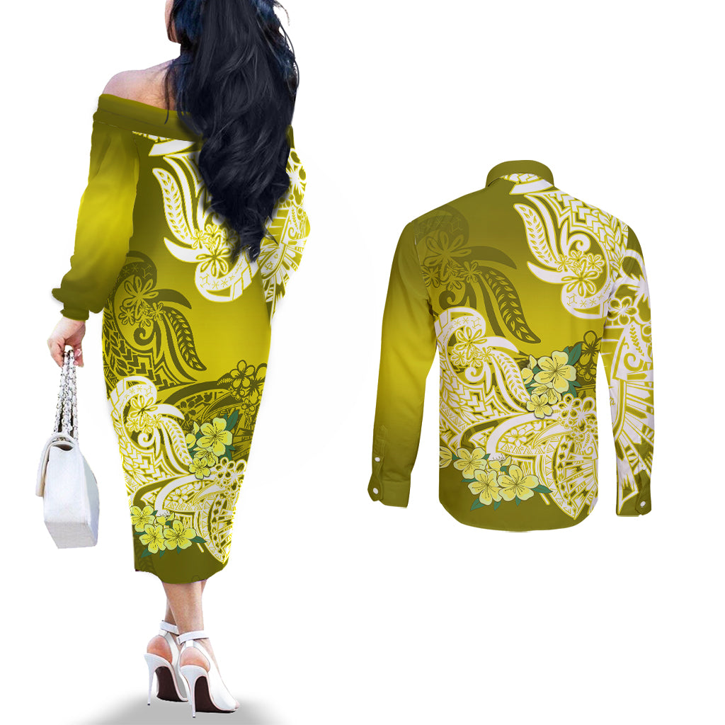 Yellow off-shoulder midi dress and button-up shirt, back view, tribal floral print