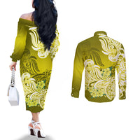 Yellow off-shoulder midi dress and button-up shirt, back view, tribal floral print