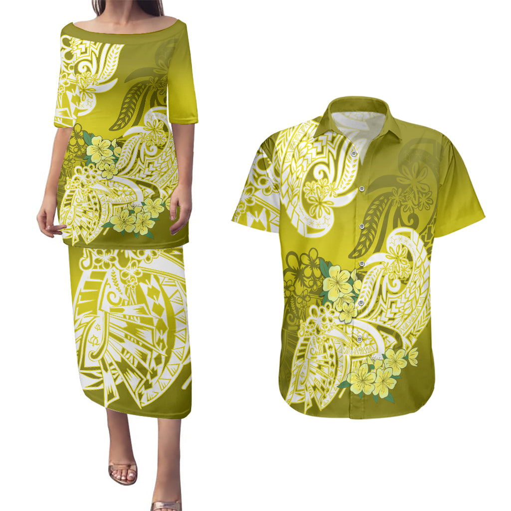 Polynesian Couples Matching Puletasi Dress and Hawaiian Shirt Pacific Flower Mix Floral Tribal Tattoo Yellow Vibe LT9 - Wonder Print Shop