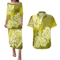 Polynesian Couples Matching Puletasi Dress and Hawaiian Shirt Pacific Flower Mix Floral Tribal Tattoo Yellow Vibe LT9 - Wonder Print Shop