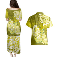 Polynesian Couples Matching Puletasi Dress and Hawaiian Shirt Pacific Flower Mix Floral Tribal Tattoo Yellow Vibe LT9 - Wonder Print Shop