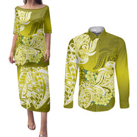 Polynesian Couples Matching Puletasi Dress and Long Sleeve Button Shirts Pacific Flower Mix Floral Tribal Tattoo Yellow Vibe LT9 - Wonder Print Shop