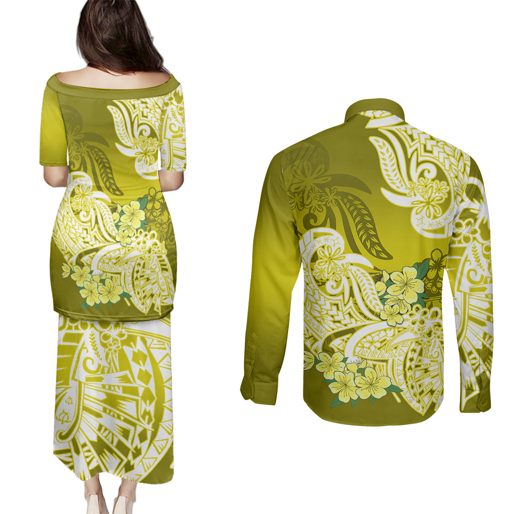 Polynesian Couples Matching Puletasi Dress and Long Sleeve Button Shirts Pacific Flower Mix Floral Tribal Tattoo Yellow Vibe LT9 - Wonder Print Shop