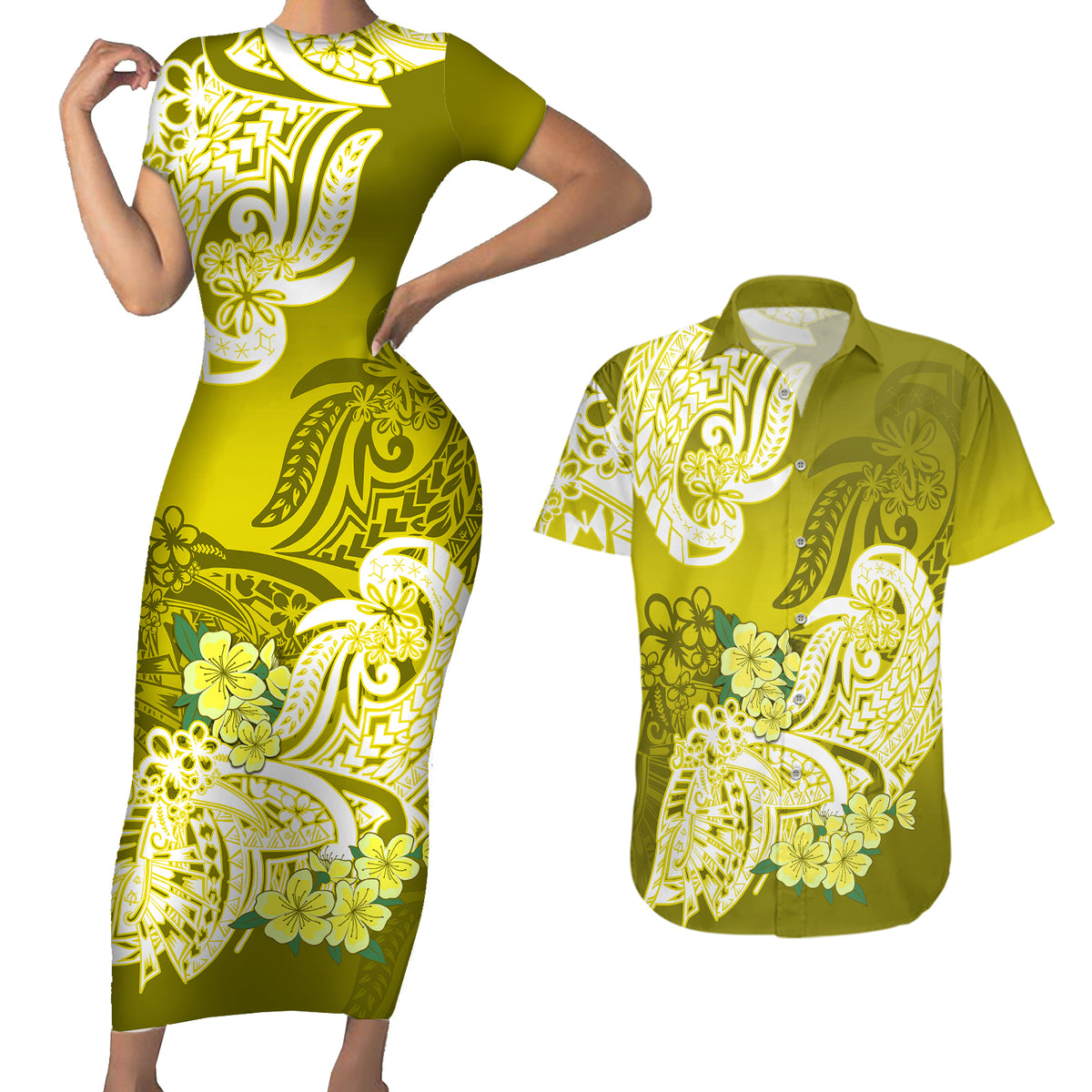 Polynesian Couples Matching Short Sleeve Bodycon Dress and Hawaiian Shirt Pacific Flower Mix Floral Tribal Tattoo Yellow Vibe LT9 - Wonder Print Shop