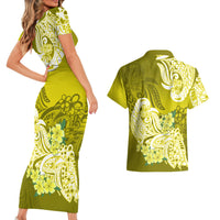 Polynesian Couples Matching Short Sleeve Bodycon Dress and Hawaiian Shirt Pacific Flower Mix Floral Tribal Tattoo Yellow Vibe LT9 - Wonder Print Shop