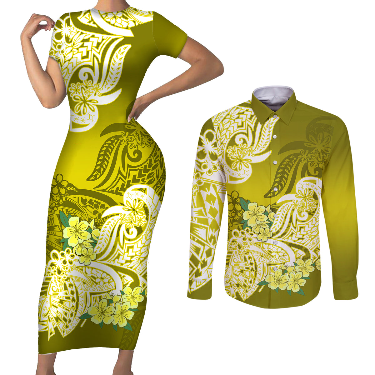 Polynesian Couples Matching Short Sleeve Bodycon Dress and Long Sleeve Button Shirts Pacific Flower Mix Floral Tribal Tattoo Yellow Vibe LT9 - Wonder Print Shop