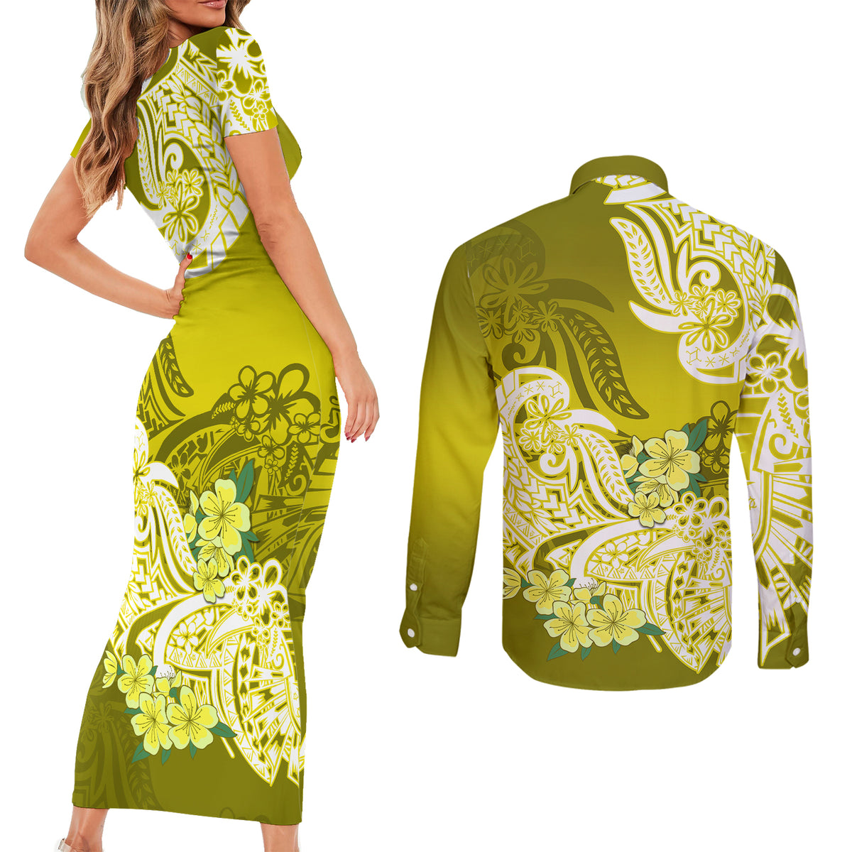Polynesian Couples Matching Short Sleeve Bodycon Dress and Long Sleeve Button Shirts Pacific Flower Mix Floral Tribal Tattoo Yellow Vibe LT9 - Wonder Print Shop