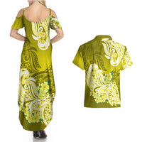 Polynesian Couples Matching Summer Maxi Dress and Hawaiian Shirt Pacific Flower Mix Floral Tribal Tattoo Yellow Vibe LT9 - Wonder Print Shop