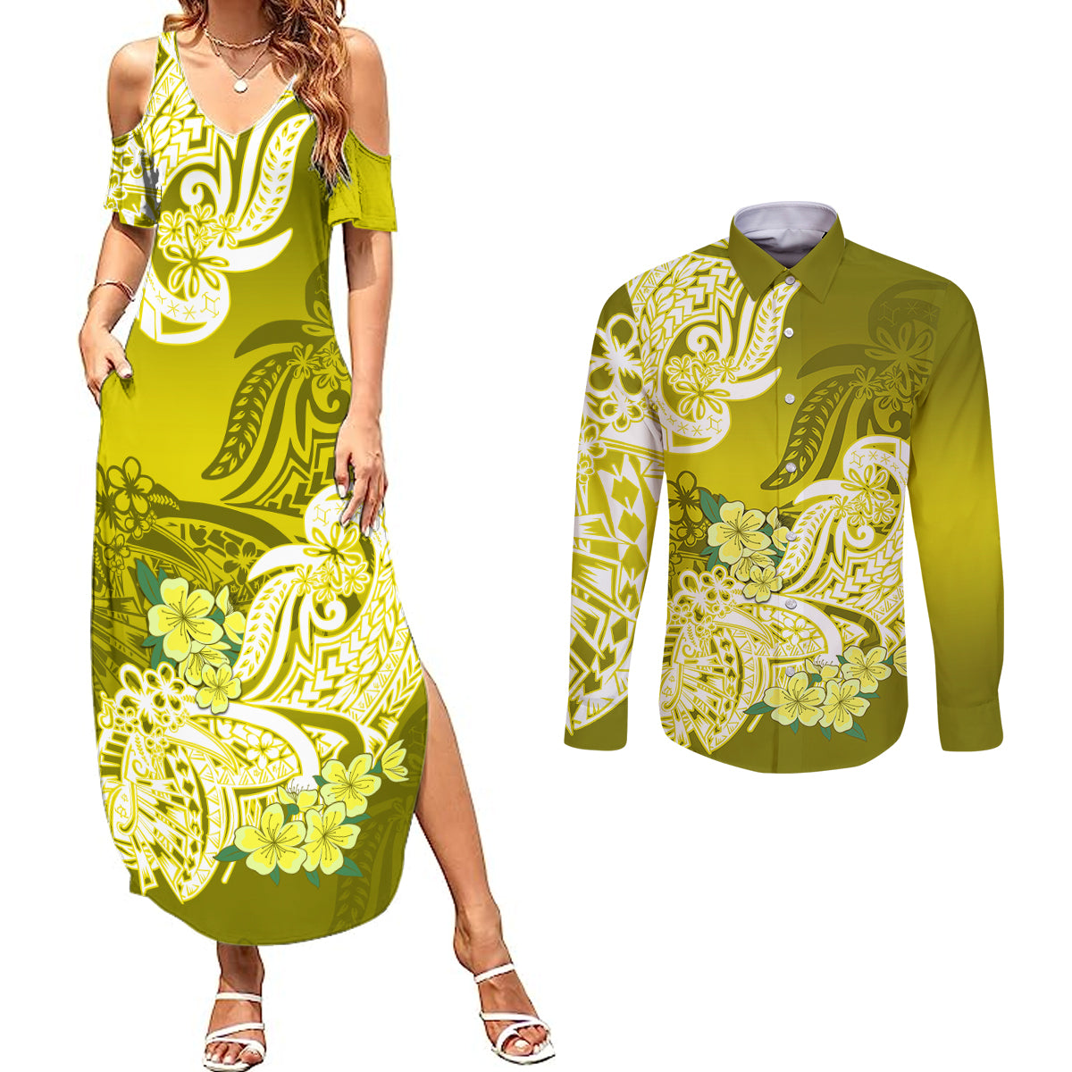 Polynesian Couples Matching Summer Maxi Dress and Long Sleeve Button Shirts Pacific Flower Mix Floral Tribal Tattoo Yellow Vibe LT9 - Wonder Print Shop