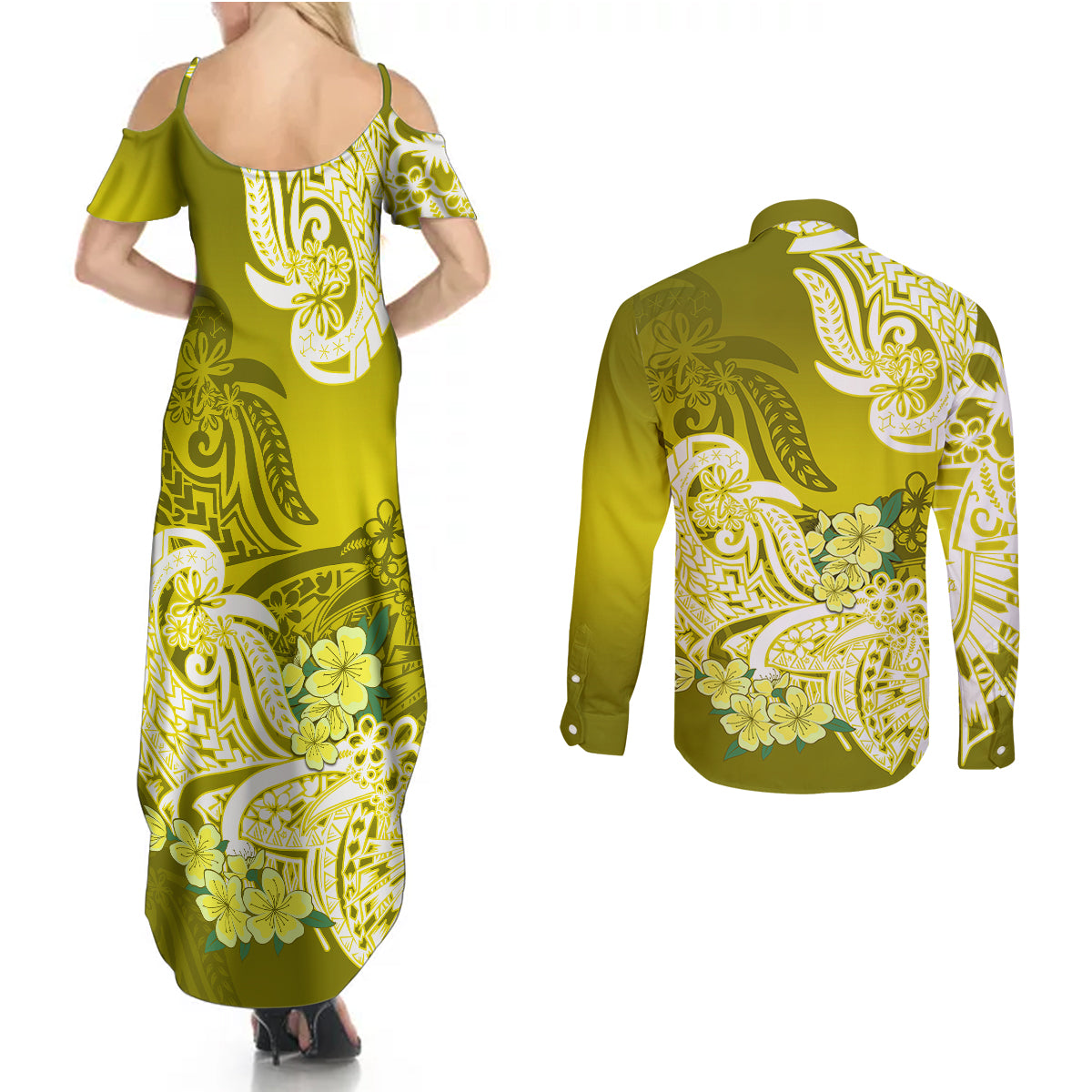 Polynesian Couples Matching Summer Maxi Dress and Long Sleeve Button Shirts Pacific Flower Mix Floral Tribal Tattoo Yellow Vibe LT9 - Wonder Print Shop
