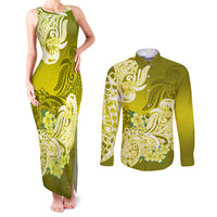 Polynesian Couples Matching Tank Maxi Dress and Long Sleeve Button Shirts Pacific Flower Mix Floral Tribal Tattoo Yellow Vibe LT9 - Wonder Print Shop