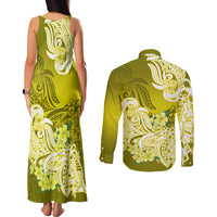 Polynesian Couples Matching Tank Maxi Dress and Long Sleeve Button Shirts Pacific Flower Mix Floral Tribal Tattoo Yellow Vibe LT9 - Wonder Print Shop