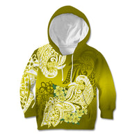 Kids yellow-green pullover hoodie with hood and large white floral tribal graphic on front