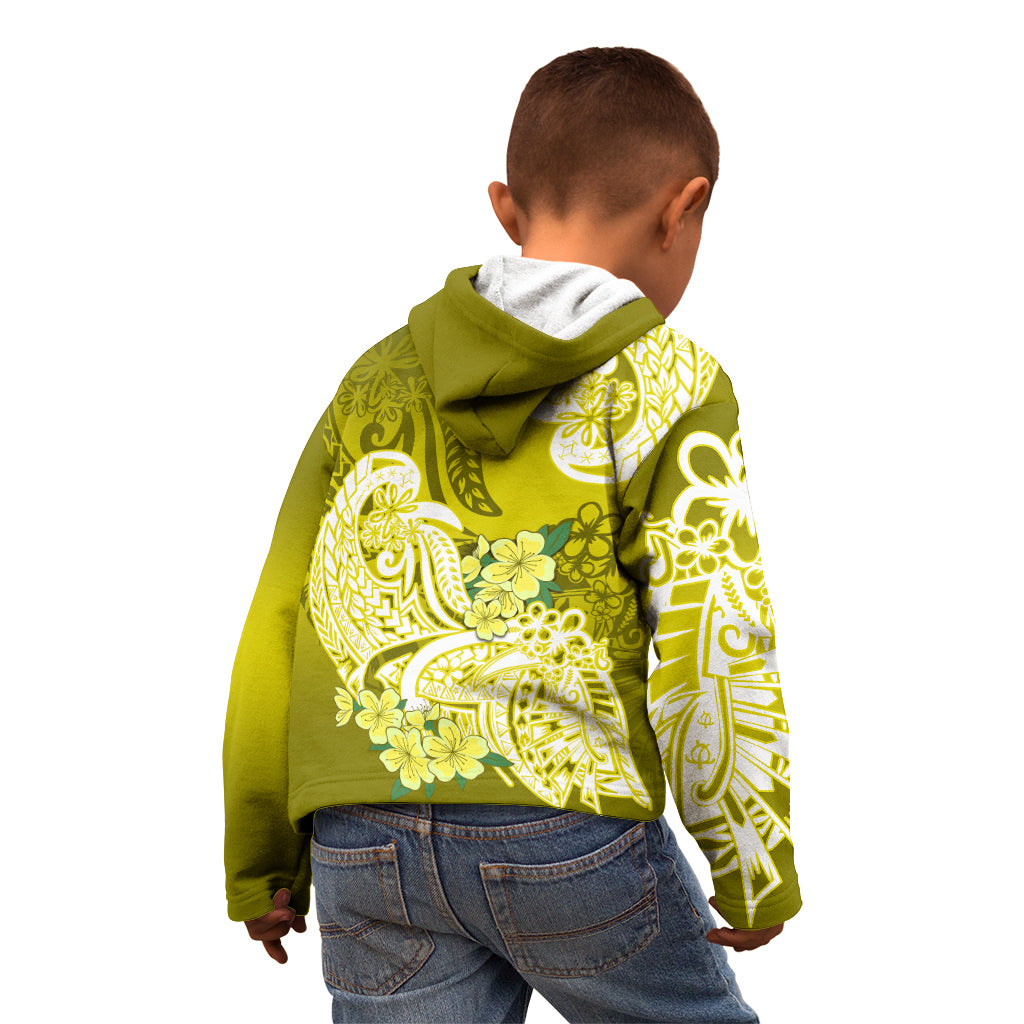 Kids yellow-green hoodie back view with hood and white floral tribal pattern