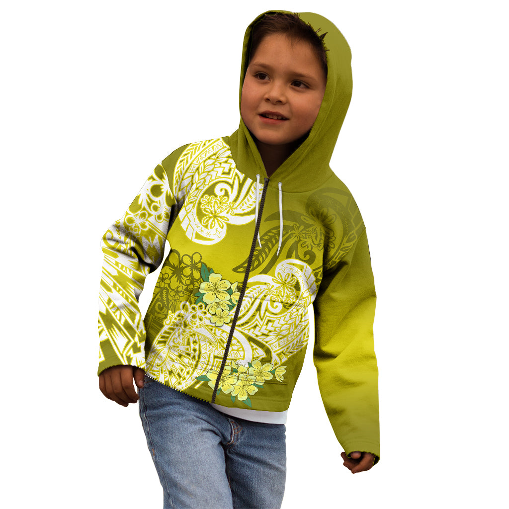 Kids yellow-green zip hoodie with hood and white floral tribal print, front zipper visible