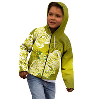Kids yellow-green zip hoodie with hood and white floral tribal print, front zipper visible