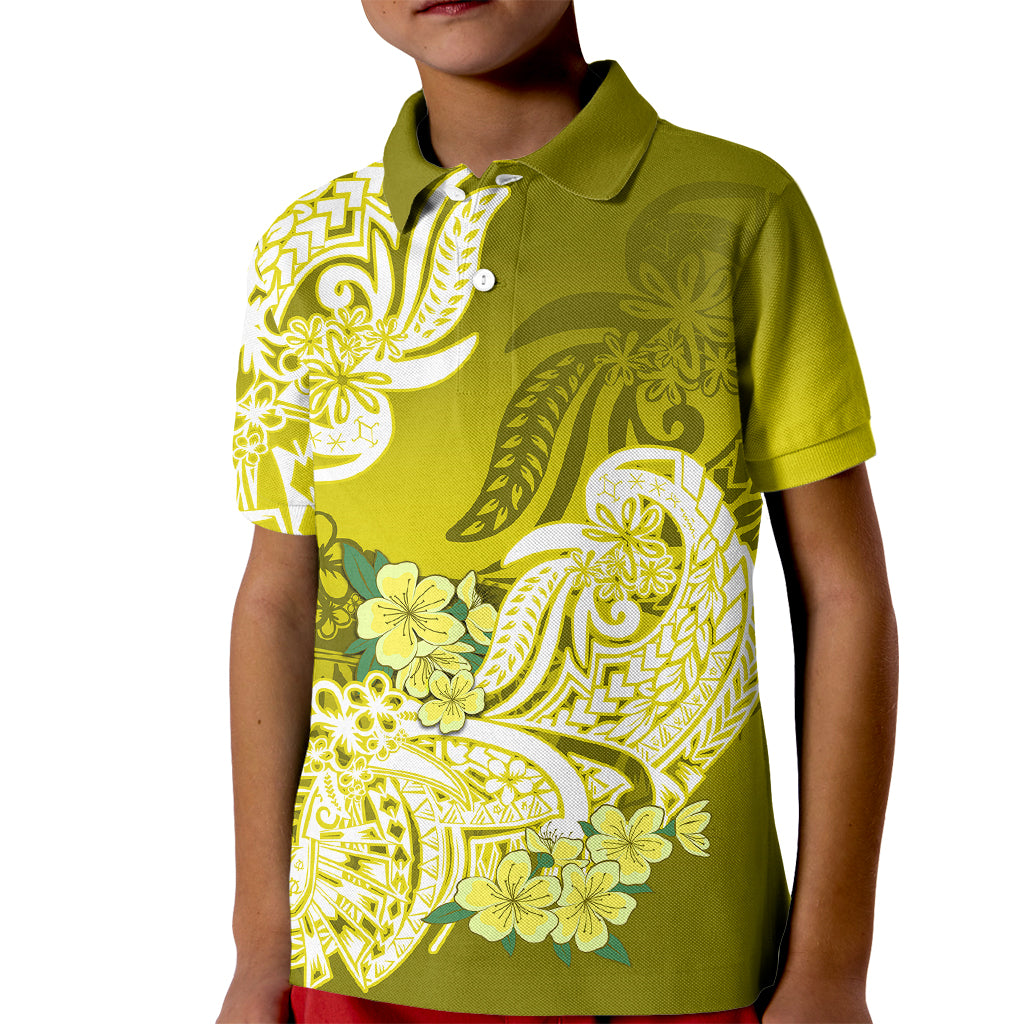 Polynesian Kid Polo Shirt Pacific Flower Mix Floral Tribal Tattoo Yellow Vibe - Wonder Print Shop
