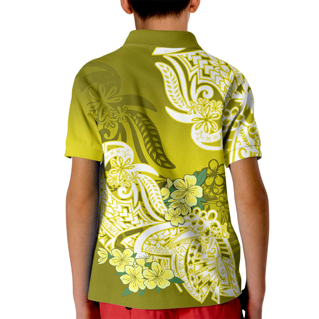 Polynesian Kid Polo Shirt Pacific Flower Mix Floral Tribal Tattoo Yellow Vibe - Wonder Print Shop